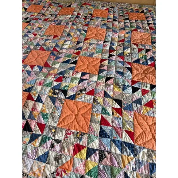 Vintage Handmade Patchwork Quilt 80x62 Multicolor Scrap Quilt Yellow Back - Picture 13 of 16